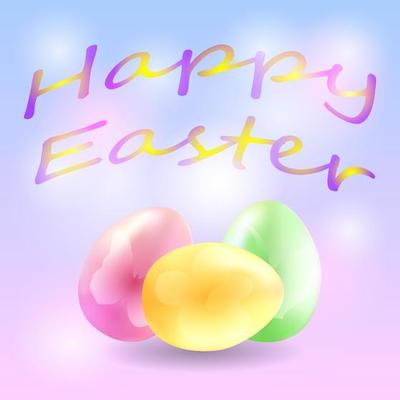 Three Easter eggs with drawings and the inscription Happy Easter on a light festive background. The concept of the arrival of spring, Easter. Vector image