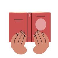 Hands hold a set of literature, books for reading, learning, dictionaries, encyclopedias, planners. vector