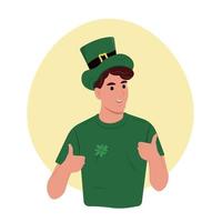 Happy St. Patrick's day. Young smiling Irish man celebrating and gesturing. Vector flat illustration isolated on white.