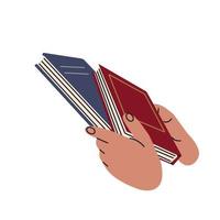 Hands hold a set of literature, books for reading, learning, dictionaries, encyclopedias, planners. vector