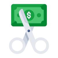 Banknote with scissors showing concept of cut price icon vector