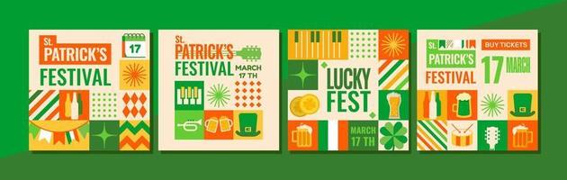 Set of 4 festival templates for St. Patrick's Day. Bright, modern, very green designs in mosaic style. Perfect for an invitation or as an advertisement for a festival or party. vector