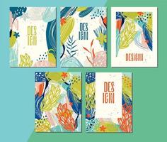 Set of five artistic, modern, bright, abstract, and slightly exotic templates. Suitable for poster, flyer, invitation, cover, banner, brochure, web design and more. Vector illustration.