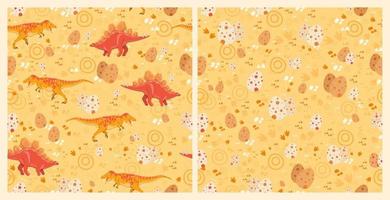 conjunto de sin costura modelo con dinosaurios, huevos y con varios elementos en un naranja antecedentes. adecuado para fondo de pantalla en el para niños habitación, en ropa para Niños, regalo envase y mucho más vector