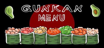 Japanese sushi collection menu banner. Gunkanmaki maki set on black background. vector