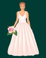 Beautiful young girl in long white dress. Bride in ceremony gown with wedding bouquet. vector