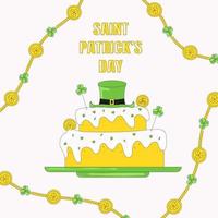 Tiered Cake with Cream Decorated with Clover Leaves and a Leprechaun Hat and Coins Card for St Patricks Day vector