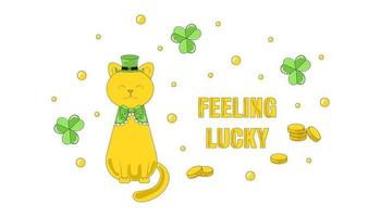 Cute Kitten in Leprechaun Costume and Hat Clover Around Feeling Lucky St Patricks Day Card vector