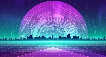 Digital technology city metaverse neon blue green background, abstract cyber communication, innovation future cyberpunk metropolis tech, internet network connection, Ai big data, town illustration 3d vector