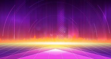 Digital technology city metaverse neon blue purple background, abstract cyber communication, innovation future cyberpunk metropolis tech, internet network connection, Ai big data, town illustration 3d vector