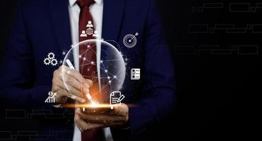 virtual Global Internet connection metaverse concept, Businessman using mobile smartphone, global internet connection application technology and digital marketing, Financial and banking,tech big data. photo