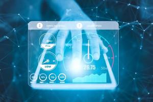 Fast internet connection with Metaverse technology concept, Hand holding smartphone and Virtual screen of Internet speed measurement,Internet and technology concept, 5G Hi speed internet concept photo