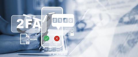 Hand hold Smartphones with Cyber security privacy protect data., 2FA internet network security technology, Two Factor Authentication, Cyber Security privacy protect data, Protection hacked connections photo