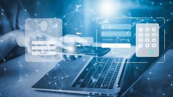 Security password login online concept  Hands typing and entering username and password of social media, log in with smartphone to an online bank account, data protection from hacker photo