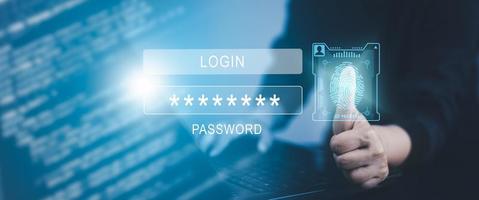 cyber security password login online concept Hands typing and entering username and password of social media, log in with smartphone to an online bank account, data protection from hacker photo