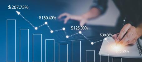 Man using pen write project of Stock market or forex trading graph and candlestick chart suitable for financial investment, Economy trends background for business idea, Corporate business technology, photo