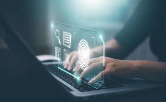 Hand touch fingerprint with virtual global with cyber security, Login, User, identification information security and encryption, secure access to users personal information, secure Internet access, photo