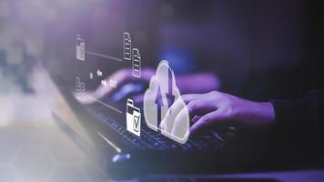Cloud technology concept Global network of metaverse systems concept, Man hand touch data with internet cloud technology and File Transfer backup copy,Global business  Internet for Telecommunication photo