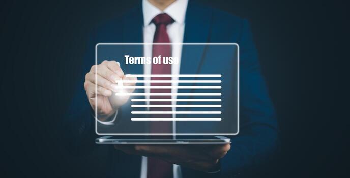 Businessman hand touch graph of Terms of use concept, online banking check budget planning concept banner for website header design,Terms of use business concept. Terms and conditions of contract. photo