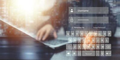 cyber security password login online concept Hands typing and entering username and password of social media, log in with smartphone to an online bank account, data protection from hacker photo