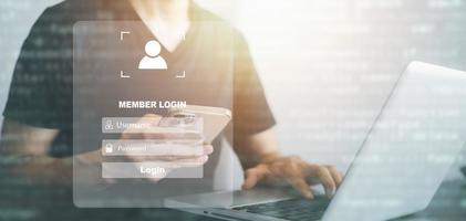 cyber security password login online concept Hands typing and entering username and password of social media, log in with smartphone to an online bank account, data protection from hacker photo