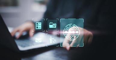 Man touch fingerprint with virtual global with cyber security, login, User, identification information cyber security and encryption, secure access to users personal information, secure Internet photo