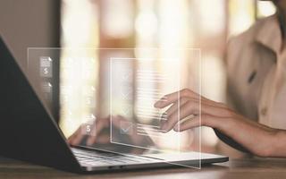 businessman check mark about exploring topics, In the virtual form check sheet,checklist ideas, checkbox ,Take an assessment, questionnaire, evaluation, document approval,online survey or test photo