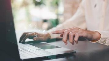 a man and virtual icon,modern cyberspace network technology concept,to communicate and connect information through a global society,innovative and scientific ideas,working through high speed internet photo