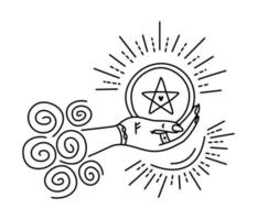 Ace of pentacles with rune Fehu on the hand, black and white symbol of wealth vector