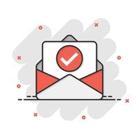 Envelope with confirmed document icon in comic style. Verify cartoon vector illustration on white isolated background. Receive splash effect business concept.