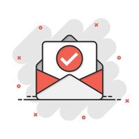 Envelope with confirmed document icon in comic style. Verify cartoon vector illustration on white isolated background. Receive splash effect business concept.