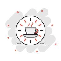 Coffee break icon in comic style. Clock with tea cup cartoon vector illustration on white isolated background. Breakfast time splash effect business concept.