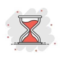 Hourglass icon in comic style. Sandglass cartoon vector illustration on white isolated background. Clock splash effect business concept.