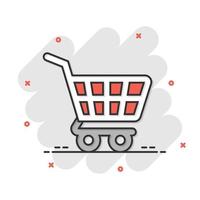 Shopping cart icon in comic style. Trolley cartoon vector illustration on white isolated background. Basket splash effect business concept.