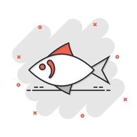 Fish icon in comic style. Seafood cartoon vector illustration on white isolated background. Sea animal splash effect business concept.