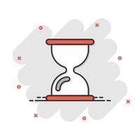 Hourglass icon in comic style. Sandglass cartoon vector illustration on white isolated background. Clock splash effect business concept.