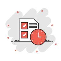 Contract time icon in comic style. Document with clock cartoon vector illustration on white background. Deadline splash effect business concept.