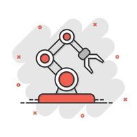 Robot arm icon in comic style. Mechanic manipulator cartoon vector illustration on white isolated background. Machine splash effect business concept.