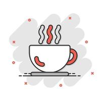 Coffee cup icon in comic style. Hot tea cartoon vector illustration on white isolated background. Drink mug splash effect business concept.