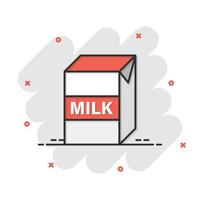 Milk icon in comic style. Milkshake vector illustration on white isolated background. Container splash effect business concept.