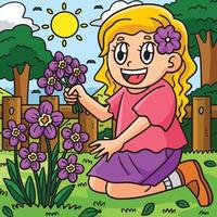 primavera niña cosecha flores de colores ilustración vector