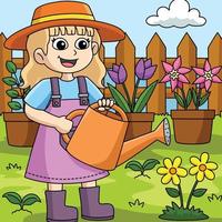 primavera niña riego el flor de colores dibujos animados vector