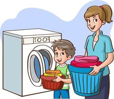 mother and daughter washing clothes in the washing machine cartoon vector