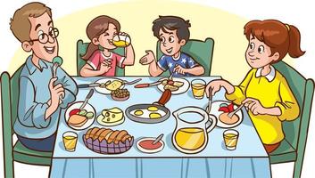 linda familia está comiendo en la mesa de la cena están desayunando vector de dibujos animados