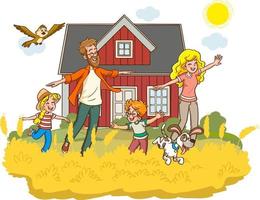 Happy family mother, father, child son and daughter in nature cartoon vector