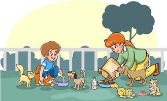 madre y niños alimentación extraviado animales dibujos animados vector
