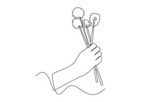 Continuous one line drawing happy hand hold dandelions. Spring concept. Single line draw design vector graphic illustration.