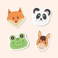 Animal cartoon faces vector icons set. Set of 4 animal wolf, panda, frog and horse stickers. Hand drawn vector illustration.