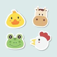 Animal cartoon faces vector icons set. Set of 4 animal duck, cow, frog and hen stickers. Hand drawn vector illustration.