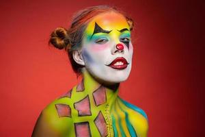 Pensive young lady with a face painting clown photo